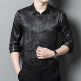 Mens Silk Shirts Long Sleeve Silk Baroque Pattern Dress Shirt Black XS
