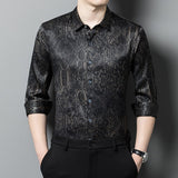Mens Silk Shirts Long Sleeve Silk Baroque Pattern Dress Shirt Black XS