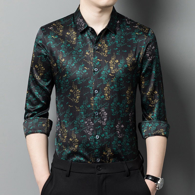 Mens Silk Shirts Long Sleeve Silk Botanical Print Dress Shirt Black XS