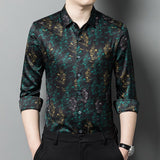Mens Silk Shirts Long Sleeve Silk Botanical Print Dress Shirt Black XS