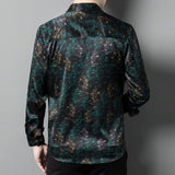 Mens Silk Shirts Long Sleeve Silk Botanical Print Dress Shirt Black XS