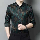 Mens Silk Shirts Long Sleeve Silk Botanical Print Dress Shirt Black XS