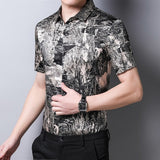 Mens Silk Shirts Short Sleeve Abstract Print Button Up Front Silk Dress Shirt XS Black