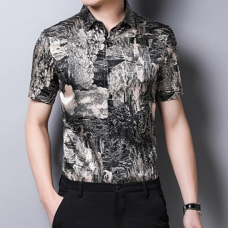 Mens Silk Shirts Short Sleeve Abstract Print Button Up Front Silk Dress Shirt XS Black