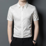 Mens Silk Shirts Short Sleeve Abstract Textured Pattern Silk Dress Shirt XS Ivory