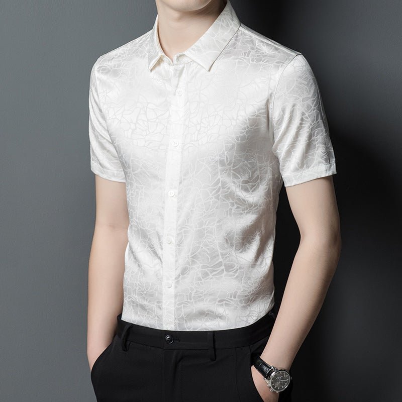 Mens Silk Shirts Short Sleeve Abstract Textured Pattern Silk Dress Shirt XS Ivory