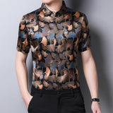 Mens Silk Shirts Short Sleeve Autumn Ginkgo Leaf Print Silk Dressing Shirt XS Black
