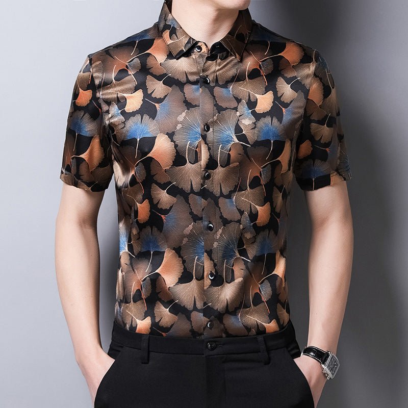 Mens Silk Shirts Short Sleeve Autumn Ginkgo Leaf Print Silk Dressing Shirt XS Black