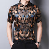 Mens Silk Shirts Short Sleeve Autumn Ginkgo Leaf Print Silk Dressing Shirt XS Black