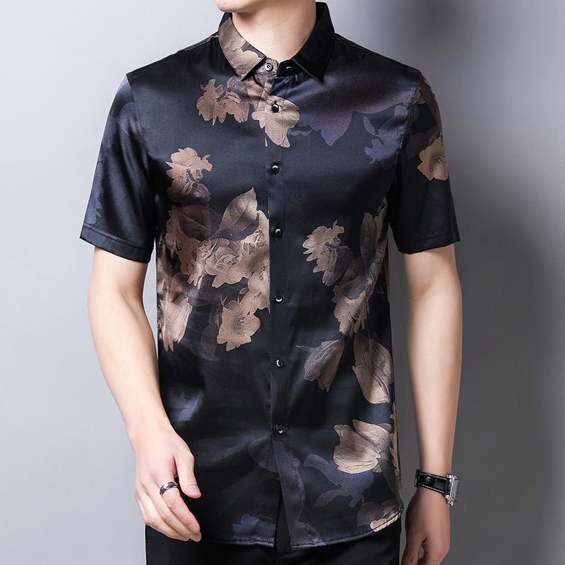 Mens Silk Shirts Short Sleeve Bronze Floral Print Silk Dress Shirt XS Black