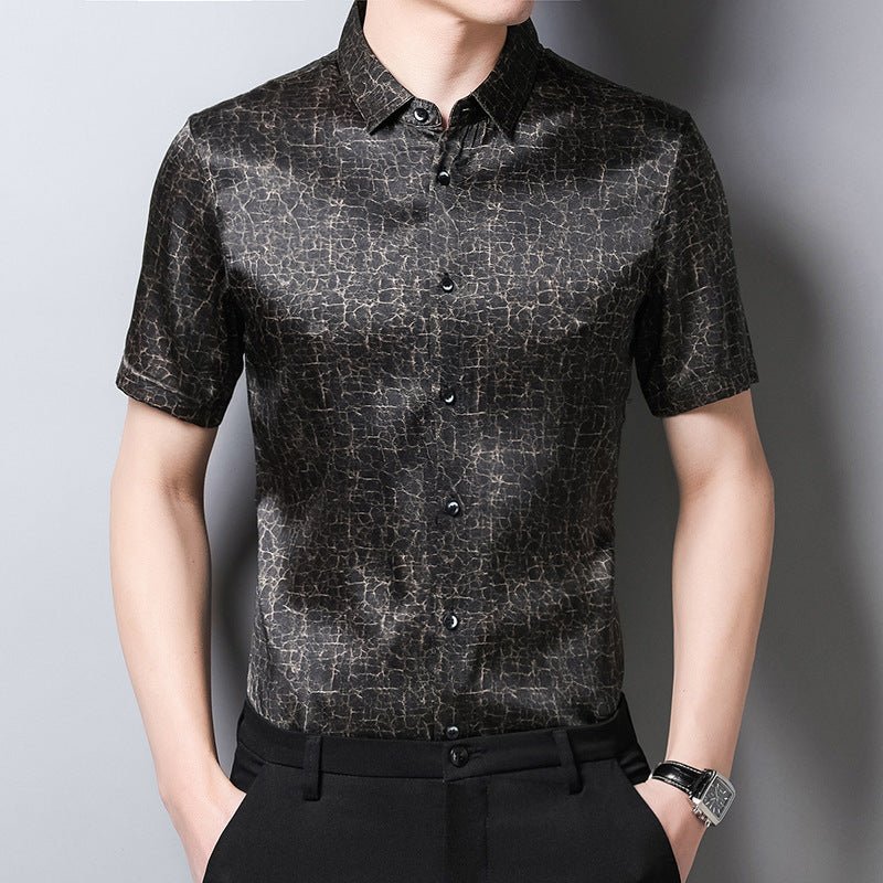 Mens Silk Shirts Short Sleeve Crackled Bronze Texture Silk Dress Shirt XS Black