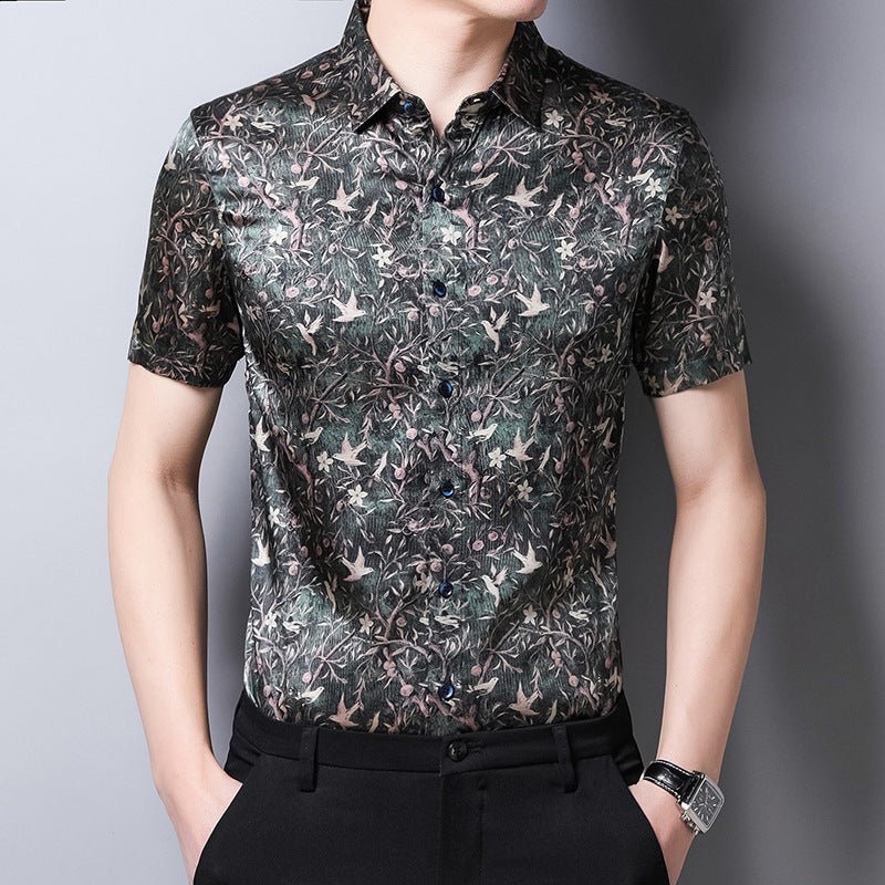 Mens Silk Shirts Short Sleeve Forest Bird and Floral Print Silk Dress Shirt XS Dark Green