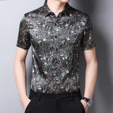 Mens Silk Shirts Short Sleeve Forest Bird and Floral Print Silk Dress Shirt XS Dark Green
