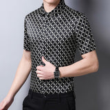 Mens Silk Shirts Short Sleeve Geometric Grid Print Silk Dress Shirt XS Black