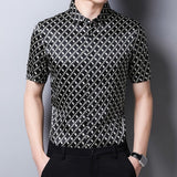 Mens Silk Shirts Short Sleeve Geometric Grid Print Silk Dress Shirt XS Black
