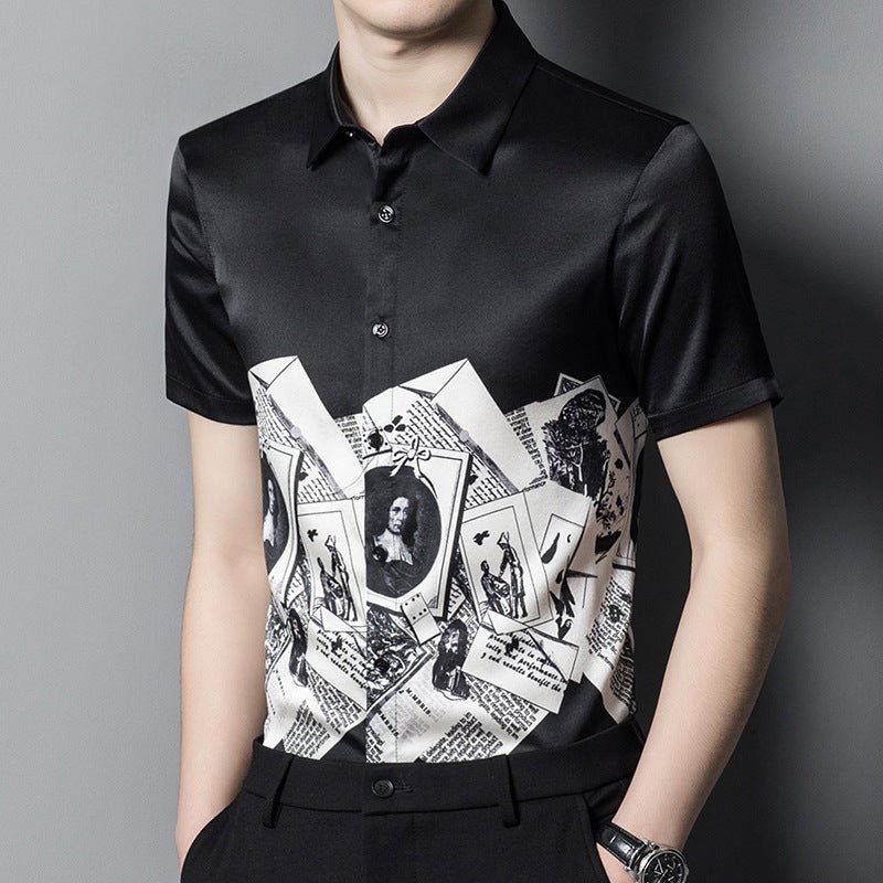 Mens Silk Shirts Short Sleeve Monochrome Vintage Graphic Print Silk Dress Shirt XS Black