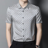 Mens Silk Shirts Short Sleeve Navy Geometric Print Silk Dress Shirt XS White