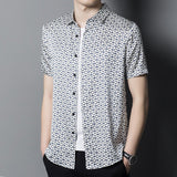 Mens Silk Shirts Short Sleeve Navy Geometric Print Silk Dress Shirt XS White