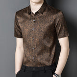 Mens Silk Shirts Short Sleeve Textured Pattern Silk Dress Shirt XS Dark Brown