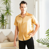 Men's Silk T-Shirt Luxury Button Down Silk Short Dress Shirt Gold XS