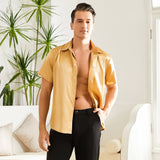 Men's Silk T-Shirt Luxury Button Down Silk Short Dress Shirt Gold XS