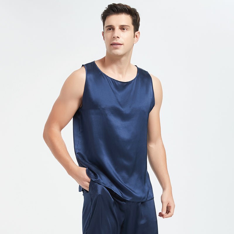 Mens Silk Tank Top Set Sleeveless Short Silk Pajamas Set Navy Blue XS