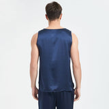 Mens Silk Tank Top Set Sleeveless Short Silk Pajamas Set Navy Blue XS