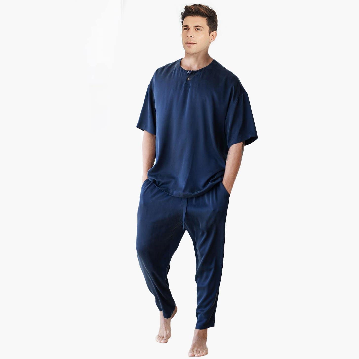 Men's Crew Neck Silk Pajama Set Short Sleeves Silk Pajamas Navy Blue S