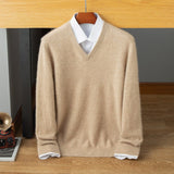 Mens V Neck Cashmere Sweater Long Sleeve Ribbed Hem Sweatershirt Camel XS