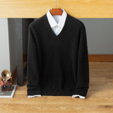 Mens V Neck Cashmere Sweater Long Sleeve Ribbed Hem Sweatershirt Black XS