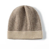 Pure Cashmere Ribbed Knit Beanie Hat Two - Tone Cashmere Winter Hat Taupe M