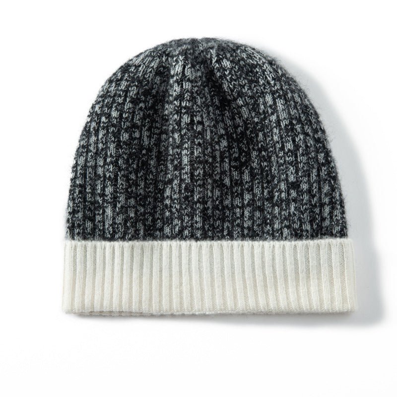 Pure Cashmere Ribbed Knit Beanie Hat Two - Tone Cashmere Winter Hat Black M