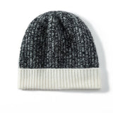 Pure Cashmere Ribbed Knit Beanie Hat Two - Tone Cashmere Winter Hat Black M
