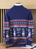 Mens Nordic Pattern Cashmere Sweater Mock Neck Long Sleeve Warm Knit Blue XS