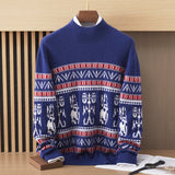 Mens Nordic Pattern Cashmere Sweater Mock Neck Long Sleeve Warm Knit Blue XS