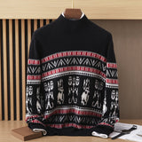 Mens Nordic Pattern Cashmere Sweater Mock Neck Long Sleeve Warm Knit Black XS
