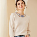Ladies Colorful Striped Trim Crew Neck Cashmere Sweater Ivory XS