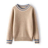Ladies Colorful Striped Trim Crew Neck Cashmere Sweater Beige XS