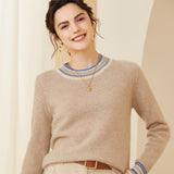 Ladies Colorful Striped Trim Crew Neck Cashmere Sweater Beige XS