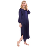 Women Loose Pullover Silk Nightwear Long Silk Dressing Gown Navy Blue XS