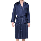 Mulberry Men's Silk Robe Luxury Long Silk Bath Robe Navy Blue XS