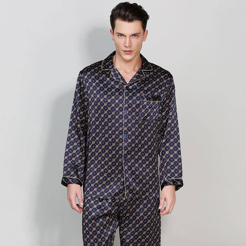 Mulberry Printed Men Silk Pajamas Long Two Piece Silk Pjs Black S