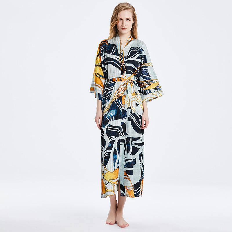 Womens Long Silk Kimono Abstract Leaf Print Kimono Silk Ladies Silk Robe Gray One size fits most