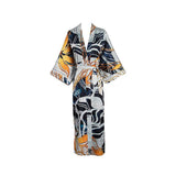 Womens Long Silk Kimono Abstract Leaf Print Kimono Silk Ladies Silk Robe Gray One size fits most