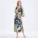 Womens Long Silk Kimono Abstract Leaf Print Kimono Silk Ladies Silk Robe Gray One size fits most