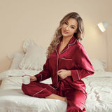 Women Silk Pjs Long Sleeves Luxury Silk Pajamas Set Claret XS