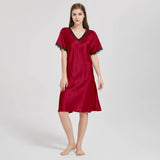 Mulberry Silk Chemise Women's V Neck Silk Lace Nightdress Claret XS