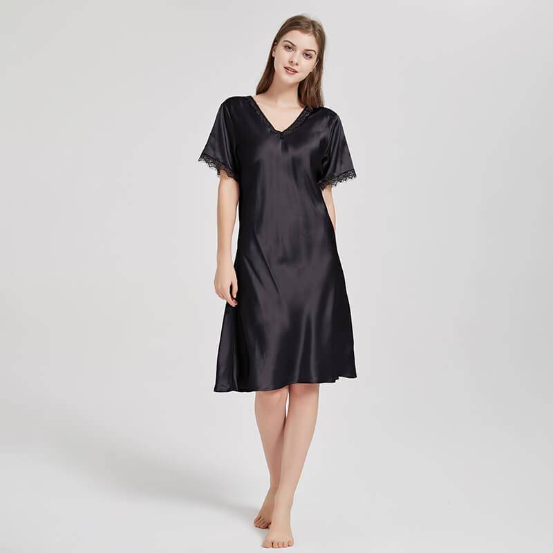 Mulberry Silk Chemise Women's V Neck Silk Lace Nightdress Black XS