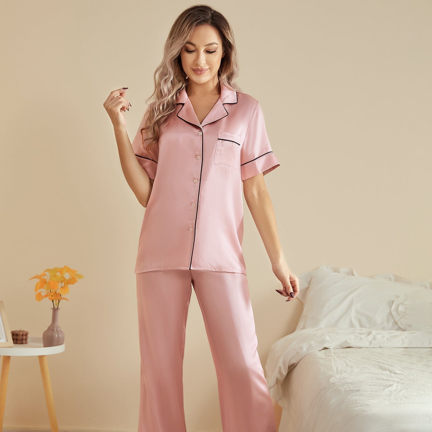Womens Short Sleeve Silk Pajama Set with Piping Pink Silk Pajamas Rosy Pink XS