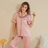 Womens Short Sleeve Silk Pajama Set with Piping Pink Silk Pajamas Rosy Pink XS